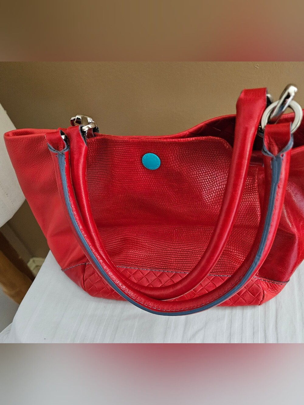 Gabs Italy Red Patchwork Textured Leather Convertible Tote Bag W/ Accessory
